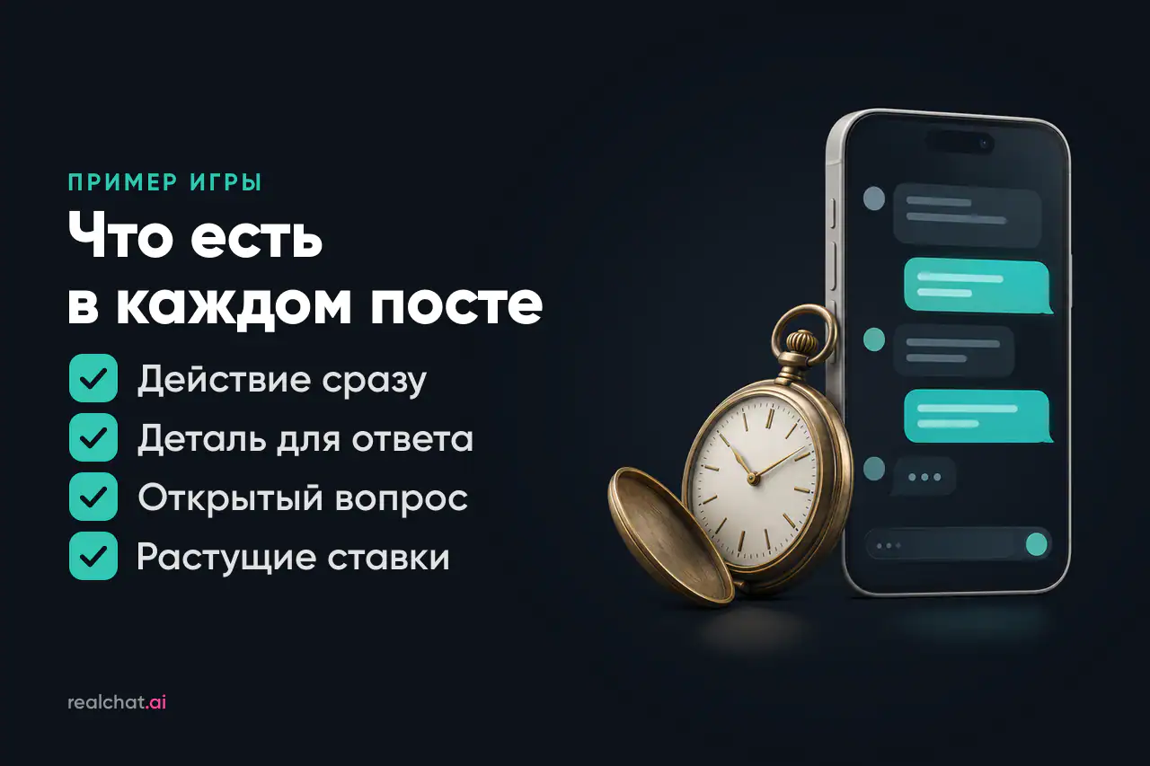 Смартфон с абстрактной перепиской из скруглённых плашек и точек и старинные латунные карманные часы с открытой крышкой рядом с ним