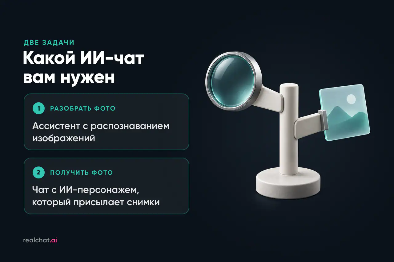 Керамическая стойка с двумя рычагами на круглой основе: на одном — алюминиевая лупа, на другом — матовая стеклянная фотокарточка с горным пейзажем.