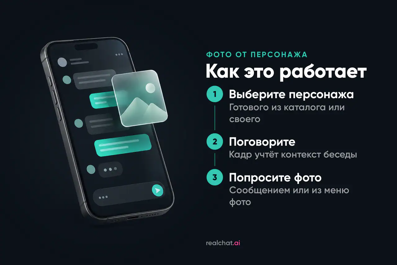 Графитовый смартфон под углом с абстрактной перепиской на экране; из ленты сообщений выплывает матовая стеклянная карточка с фото.