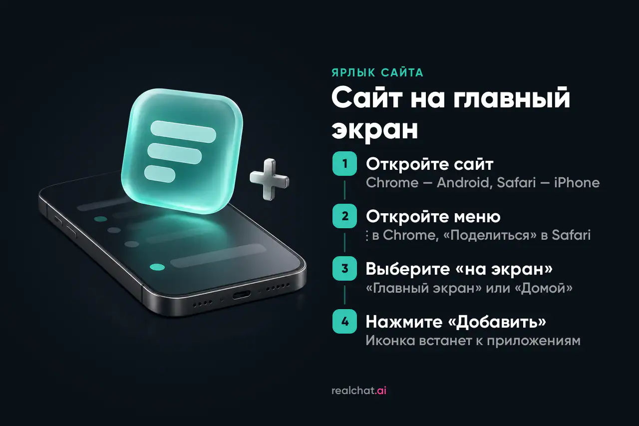 Матовый графитовый смартфон под углом, над экраном парит закруглённая иконка из матового бирюзового стекла, рядом маленький алюминиевый плюс.