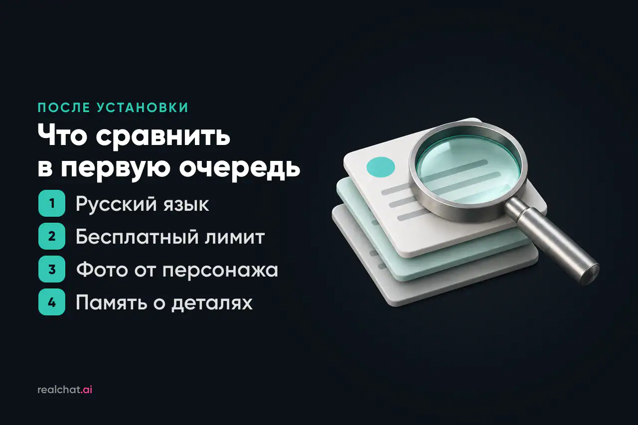 Металлическая лупа лежит на стопке из трёх матовых карточек — образ сравнения и проверки сервисов с ИИ-девушками.