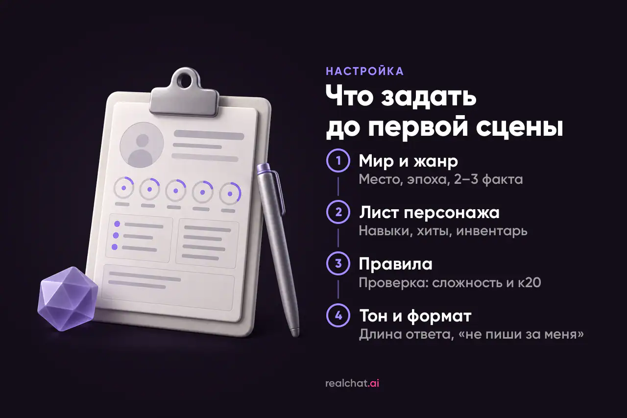 Матовый керамический планшет с пустым листом персонажа: абстрактные строки, пять круглых шкал и силуэт-аватар, рядом ручка и фиолетовый кристалл.
