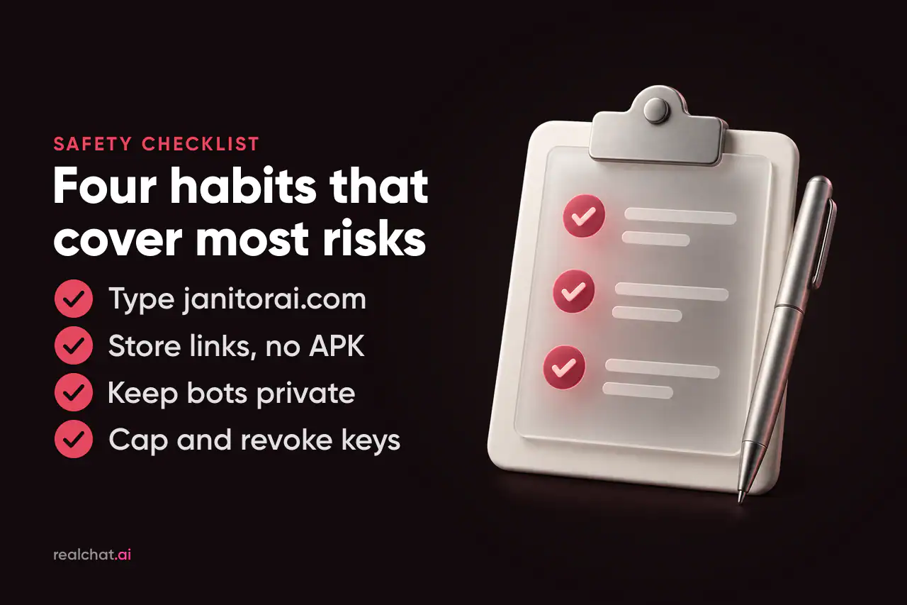 A matte off-white clipboard with a frosted-glass checklist of three red ticked circles and a brushed-aluminium pen, suggesting a Janitor AI safety checklist.