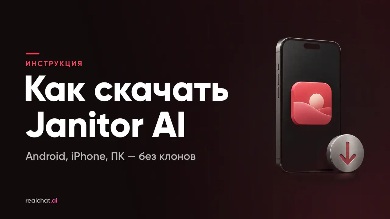 Тёмный смартфон с одной красной иконкой приложения на экране и металлическим кругляшом со стрелкой загрузки у основания — обложка гида по установке Janitor AI.