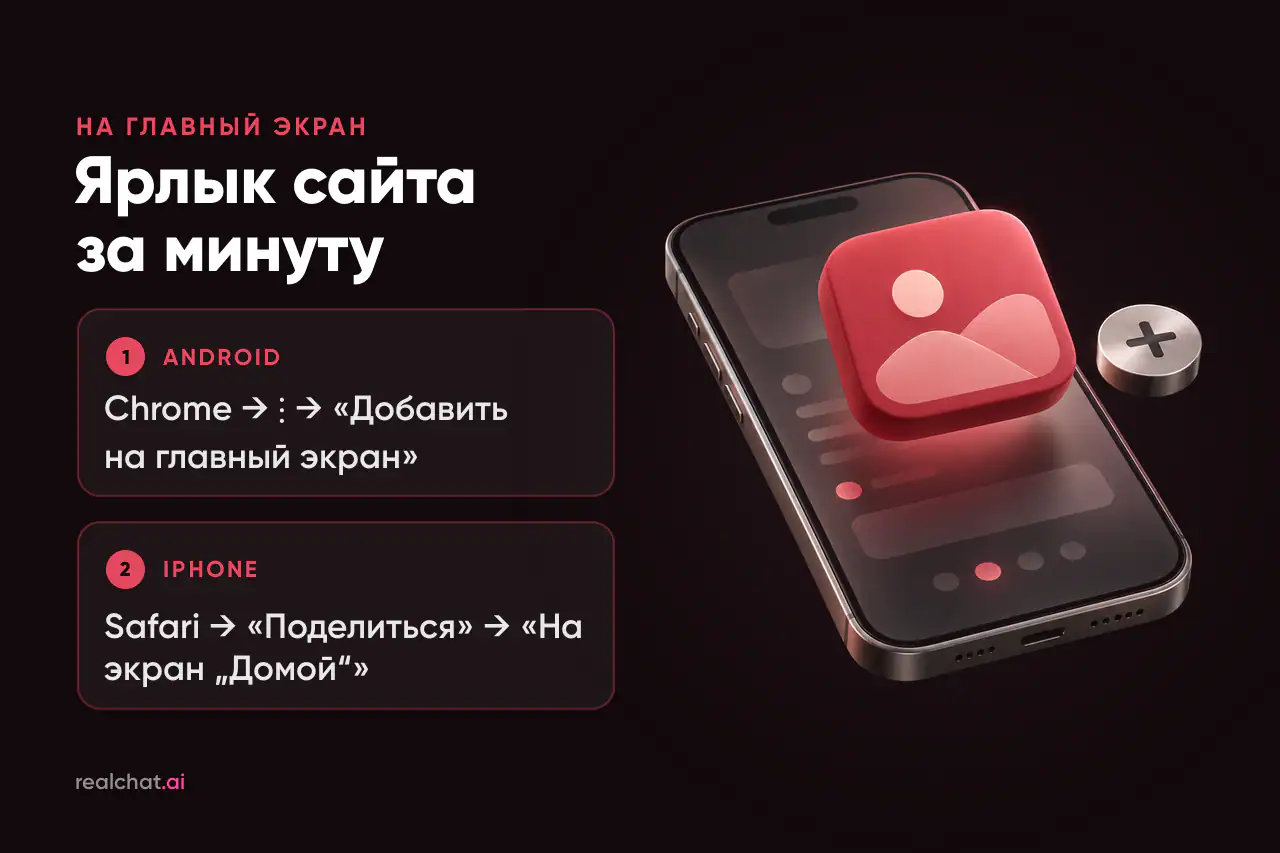 Смартфон с матовым стеклянным экраном, над которым парит красная иконка с изображением горы и солнца, рядом металлический жетон со знаком «плюс».