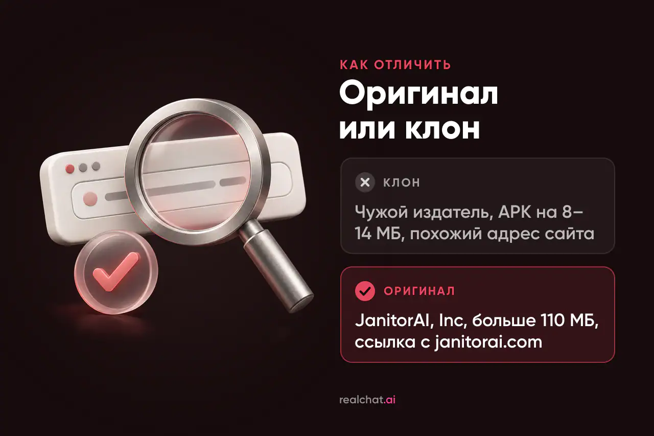Металлическая лупа над матовой адресной строкой браузера и матовый значок с галочкой — проверка официального адреса перед скачиванием приложения.