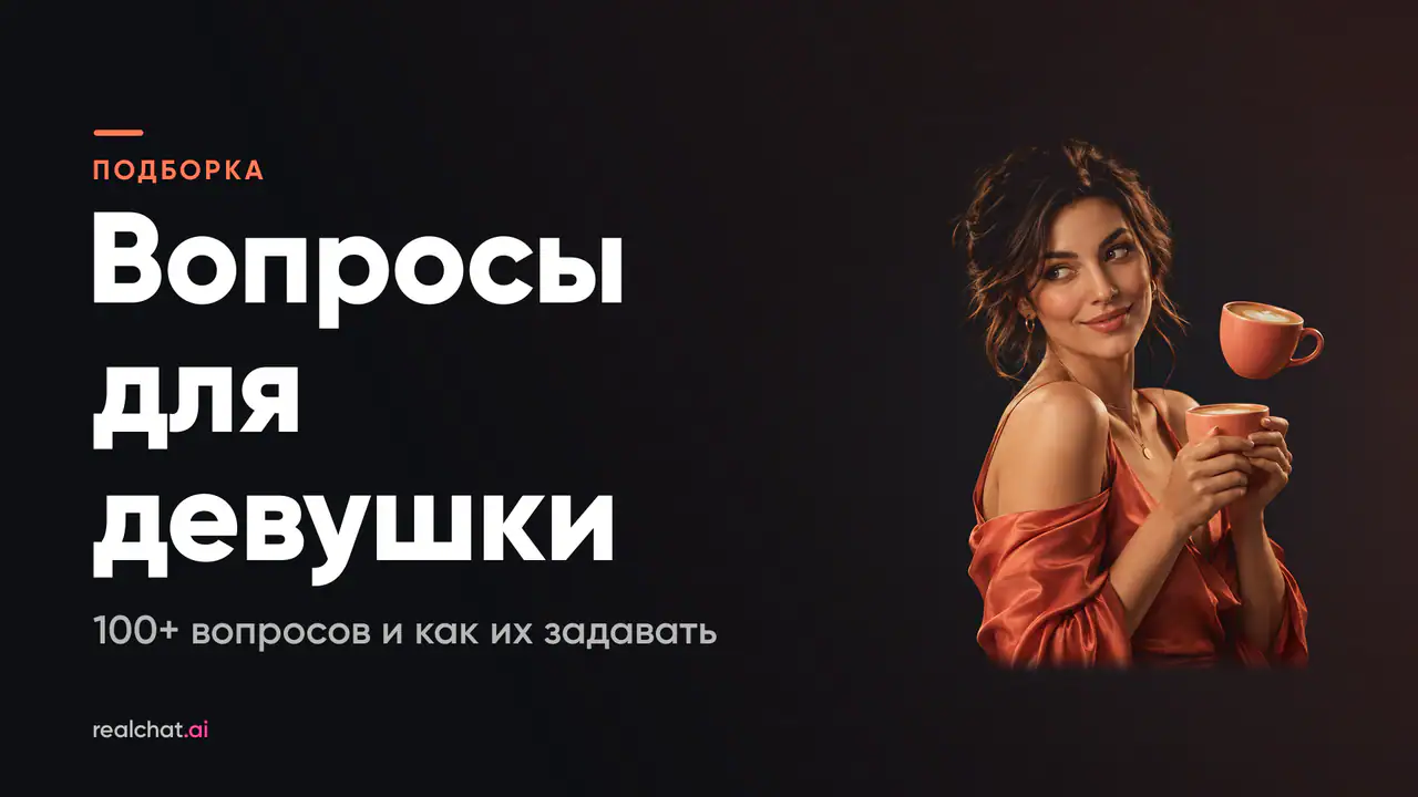Улыбающаяся женщина в шёлковом терракотовом платье держит обеими руками чашку кофе, рядом с её плечом парит вторая такая же чашка.