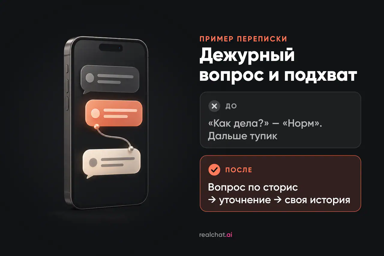 Графитовый смартфон с тремя абстрактными пузырями чата на экране, второй и третий соединены тонкой металлической нитью, как звенья диалога.}</br>