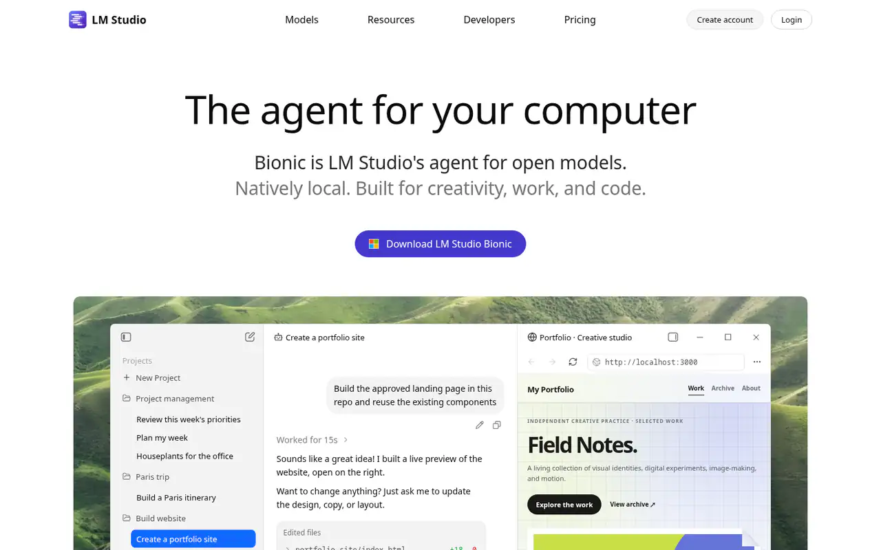 Главная страница LM Studio: заголовок «The agent for your computer», кнопка загрузки Bionic и скриншот приложения с чатом и предпросмотром сайта.