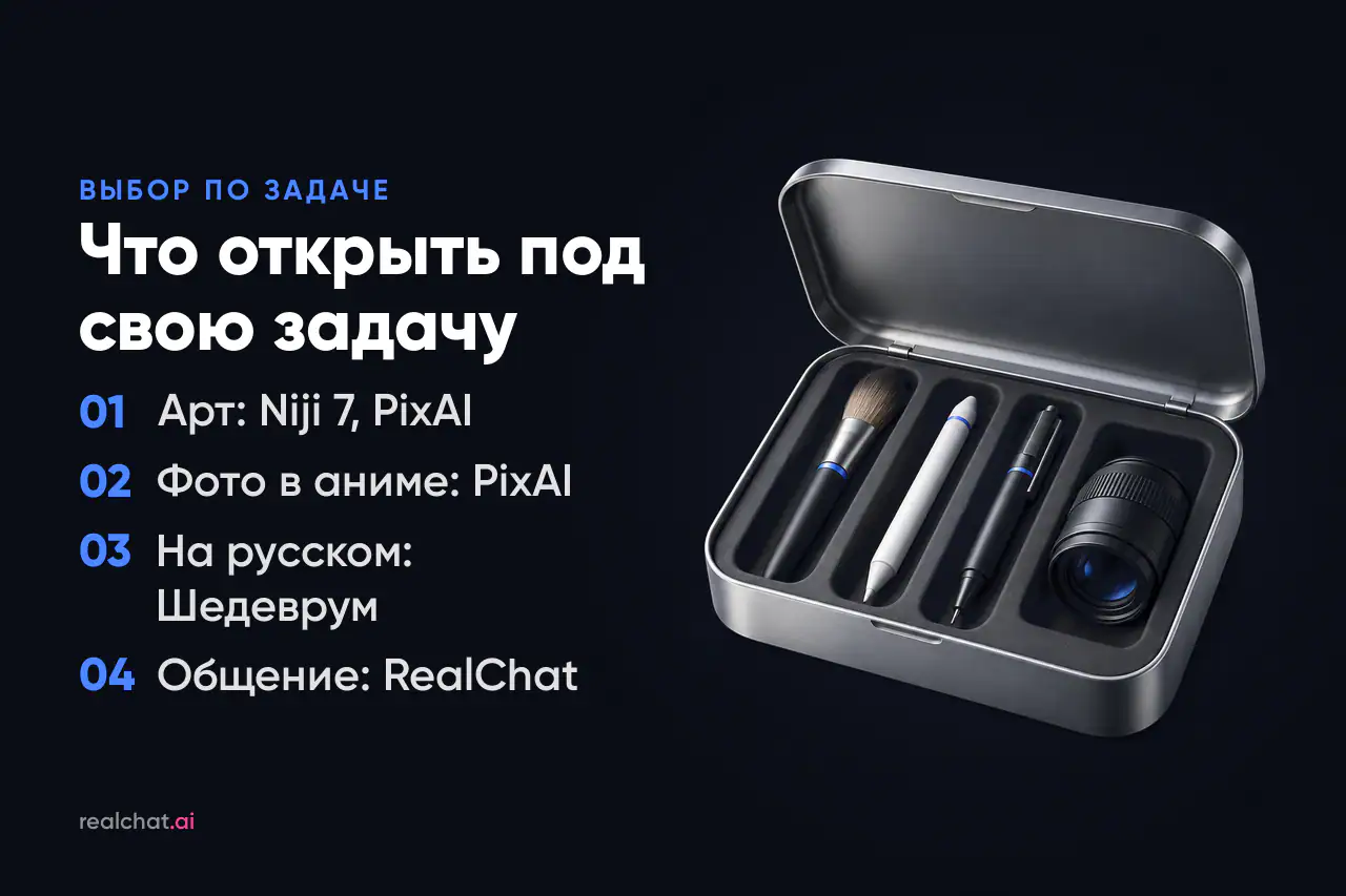 Открытый пенал из матового алюминия с четырьмя инструментами в ячейках: кисть, стилус, линер и объектив — набор для разных творческих задач.