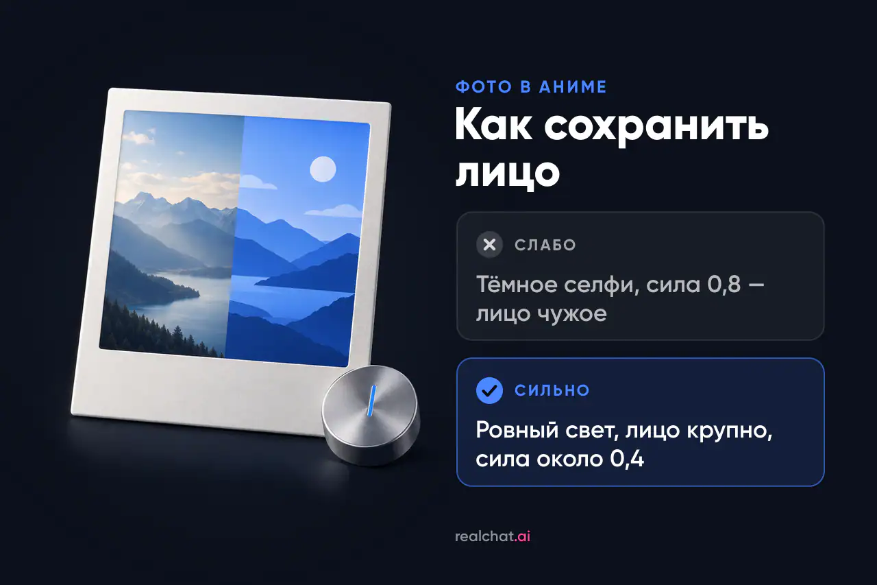 Матовая белая фотокарточка: слева мягкий фотореалистичный горный пейзаж, справа он же в плоской синей заливке, рядом алюминиевая ручка-регулятор.