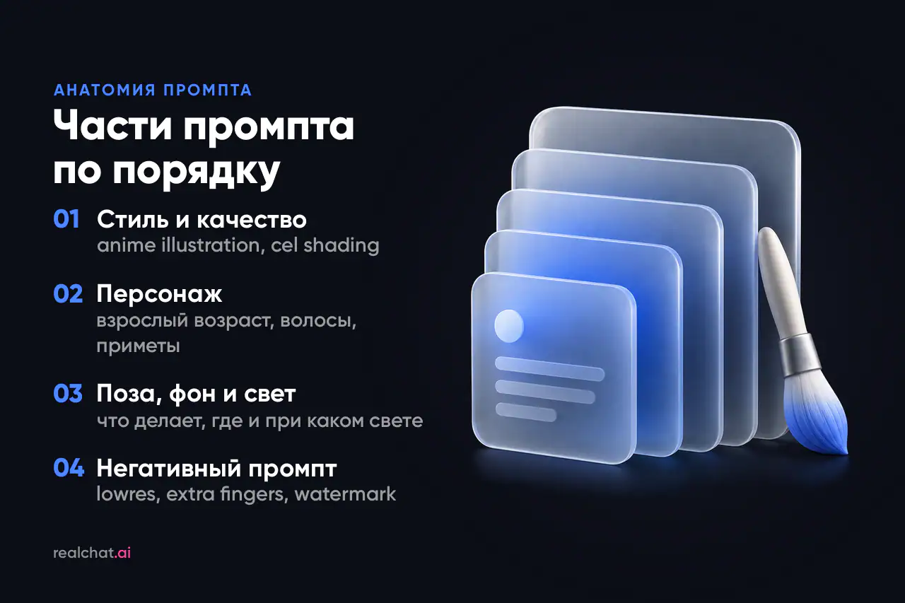 Стопка из пяти матовых стеклянных карточек убывающего размера и керамическая кисть с синим кончиком — слои настроек для аниме-арта.}