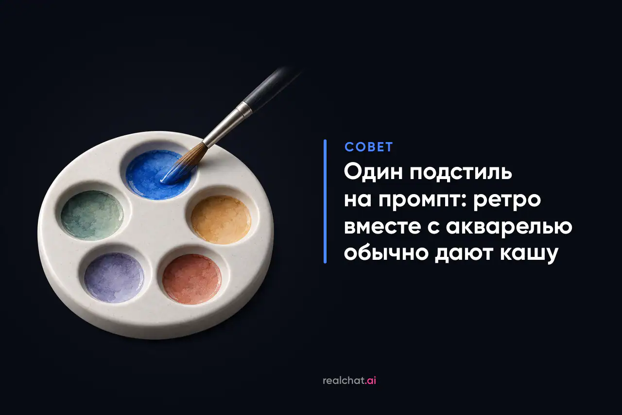Белая керамическая палитра с пятью лунками приглушённых акварельных цветов и кистью, опущенной только в синюю краску.
