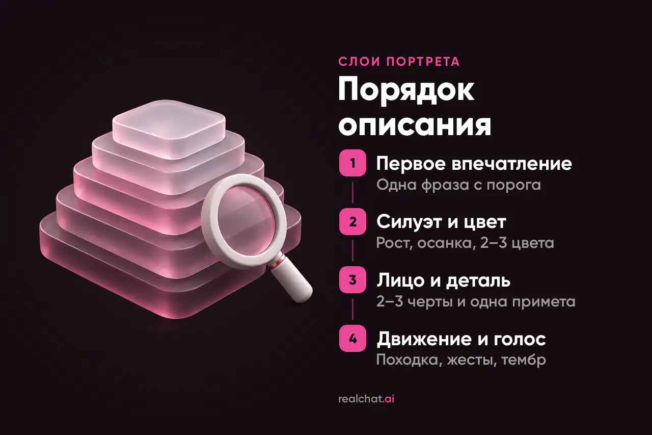 Пять матовых розоватых стеклянных пластин, уменьшающихся кверху, и керамическая лупа рядом — образ портрета, который раскрывается слой за слоем.