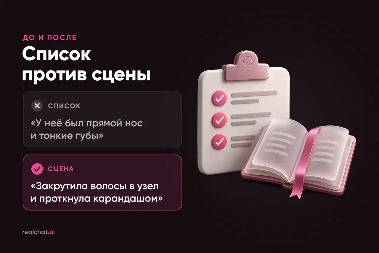 Матовый керамический планшет с отмеченным списком рядом с открытой матовой книгой с розовой лентой-закладкой: список черт и живое описание в тексте.