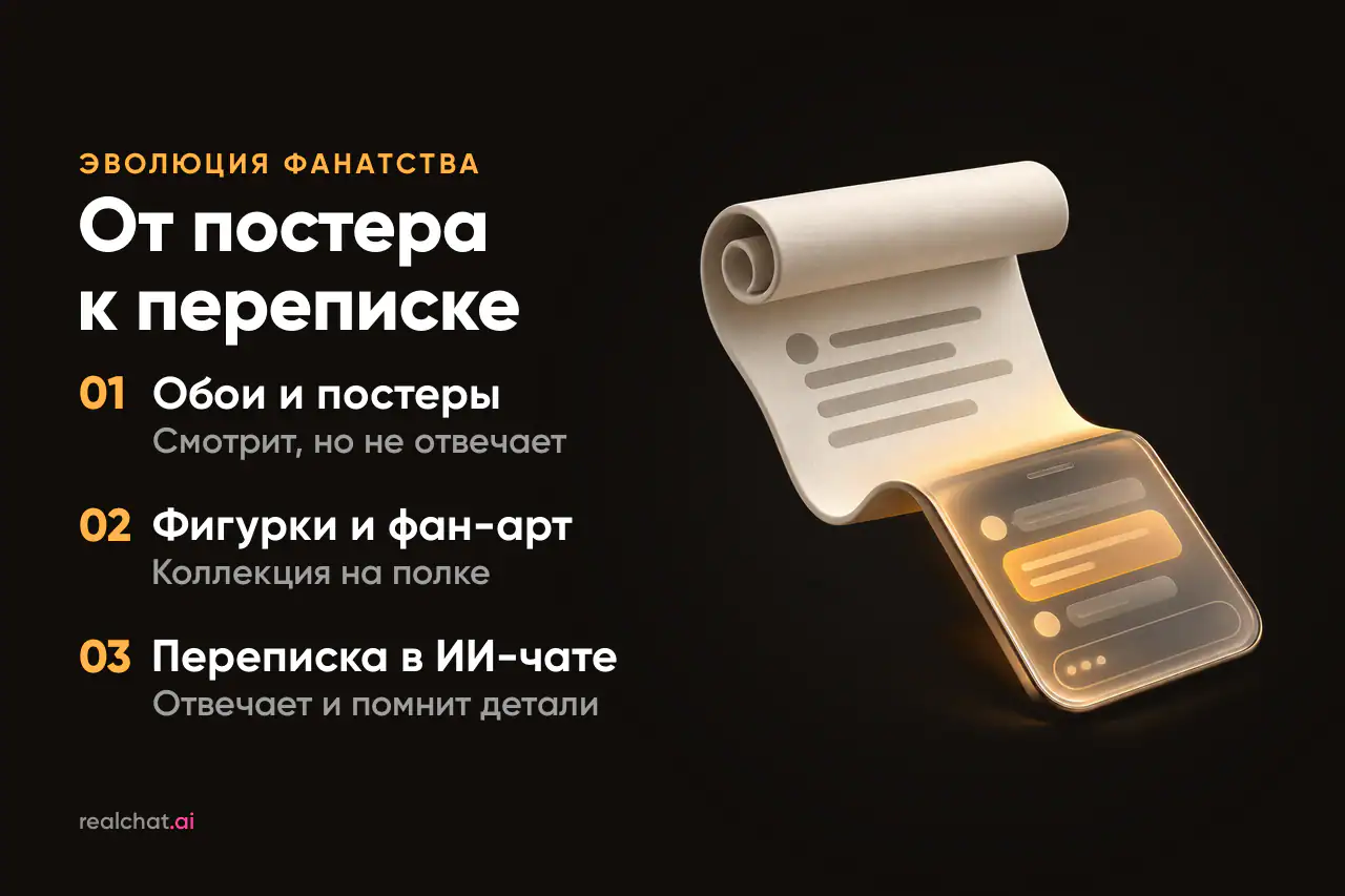Матовый светлый свиток-постер наполовину развёрнут, и его конец плавно переходит в матовый стеклянный экран телефона с абстрактными строками переписки.