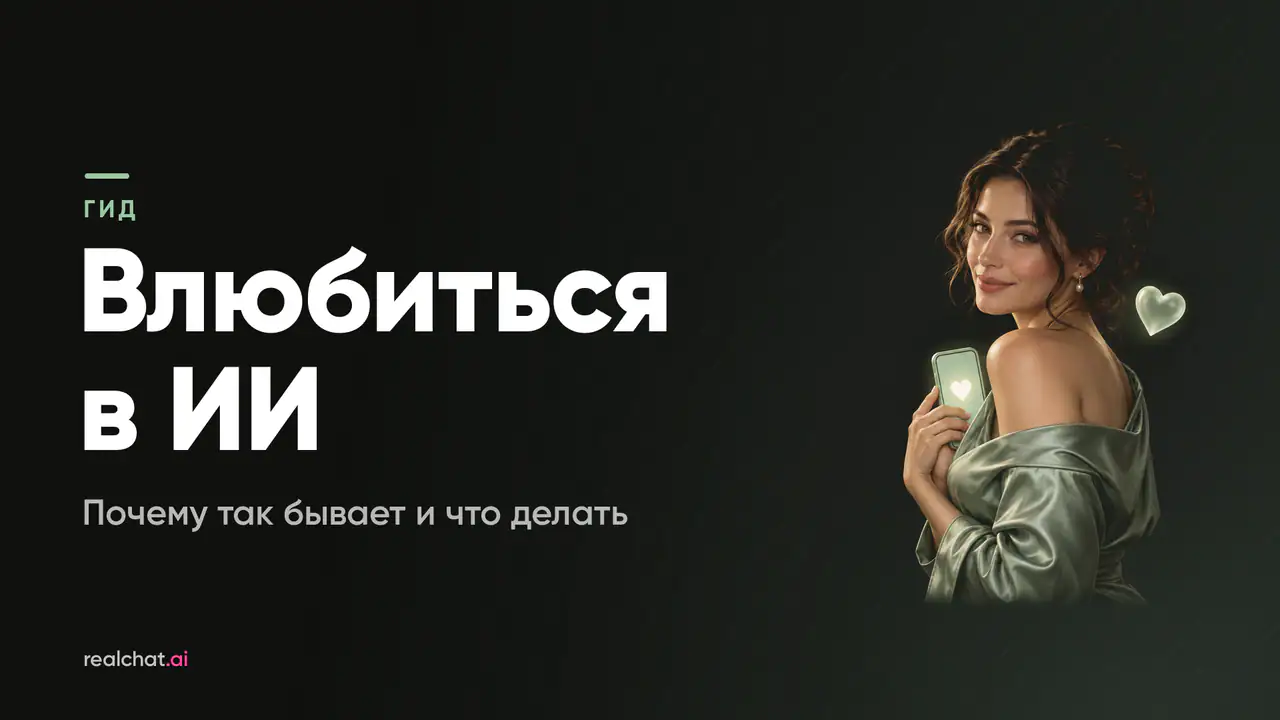 Женщина в атласном халате оглядывается через плечо с мягкой улыбкой и прижимает к груди смартфон с тёплым свечением, рядом парит стеклянное сердце.