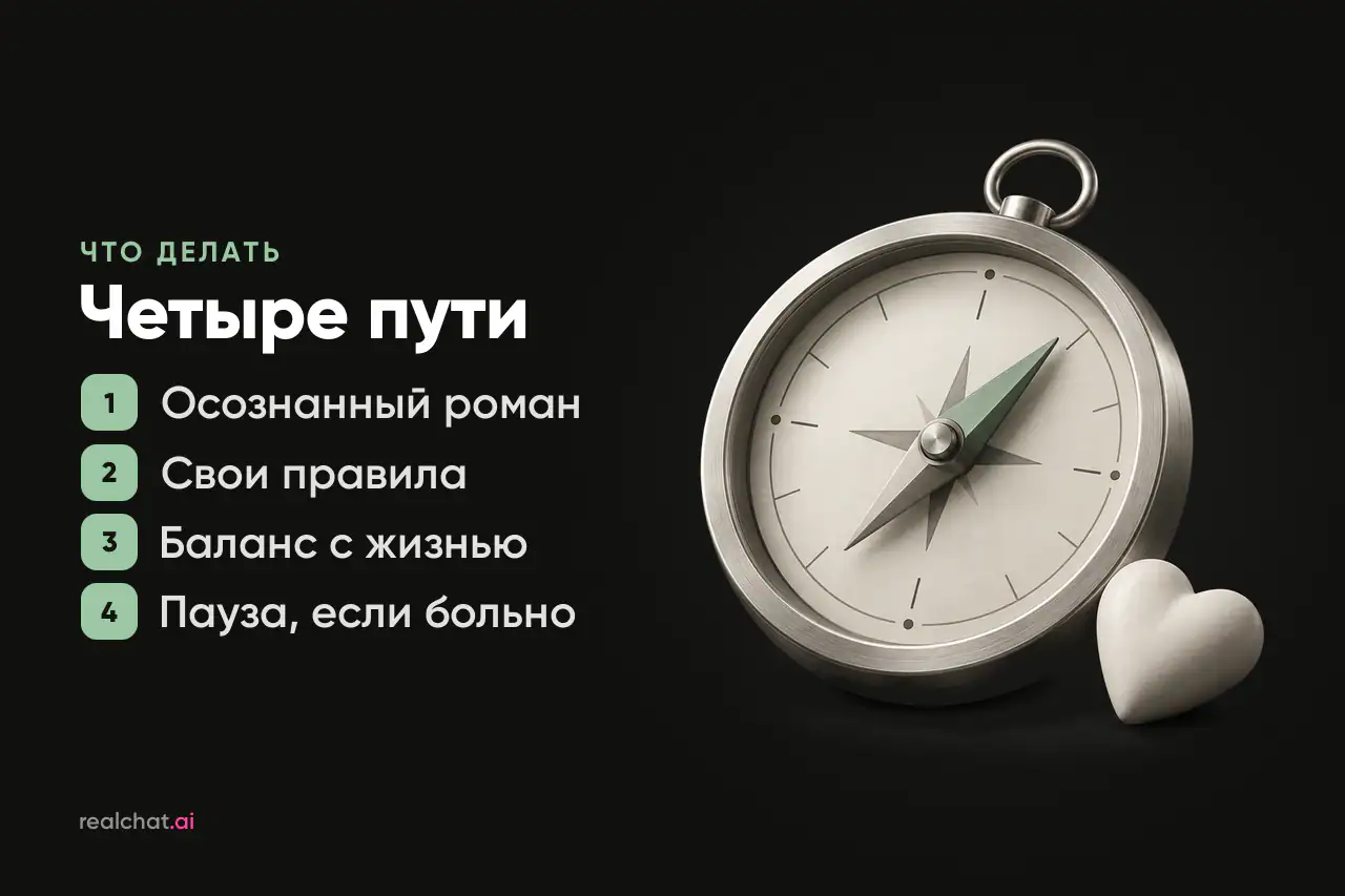 Матовый металлический компас со стрелкой, застывшей между двумя направлениями, и маленькое керамическое сердце рядом — метафора чувств к ИИ и поиска ориентира.