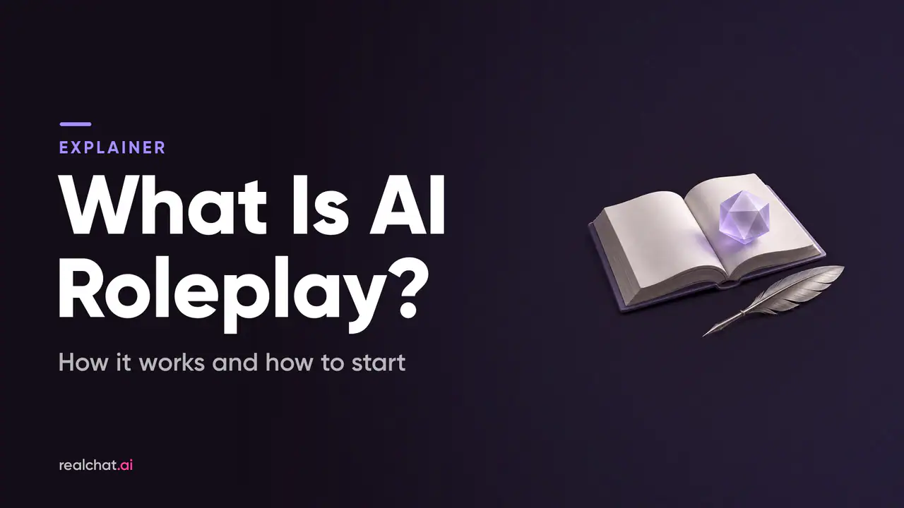 An open book with blank pages, a softly glowing frosted-glass polyhedral die resting on it and a metal quill beside it, evoking AI-driven storytelling.