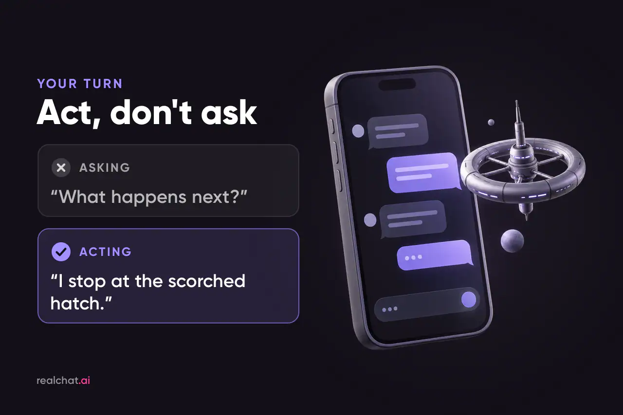 Matte smartphone showing abstract purple chat bubbles, with a small ring-shaped space station floating beside it, evoking AI roleplay conversations.}